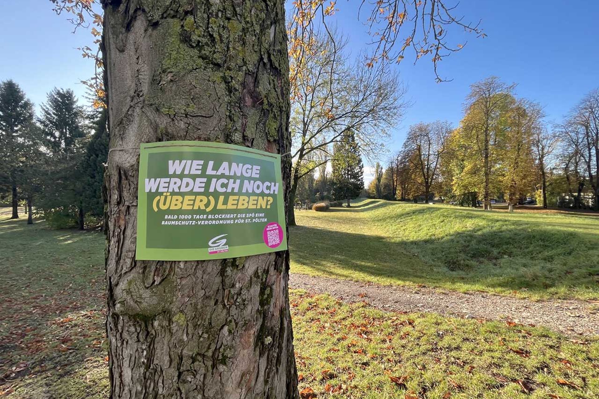 Baumschutz-Verordnung-St.Poelten: Schild auf Baum in Park an der Traisen 'Wie lange werde ich noch überleben?