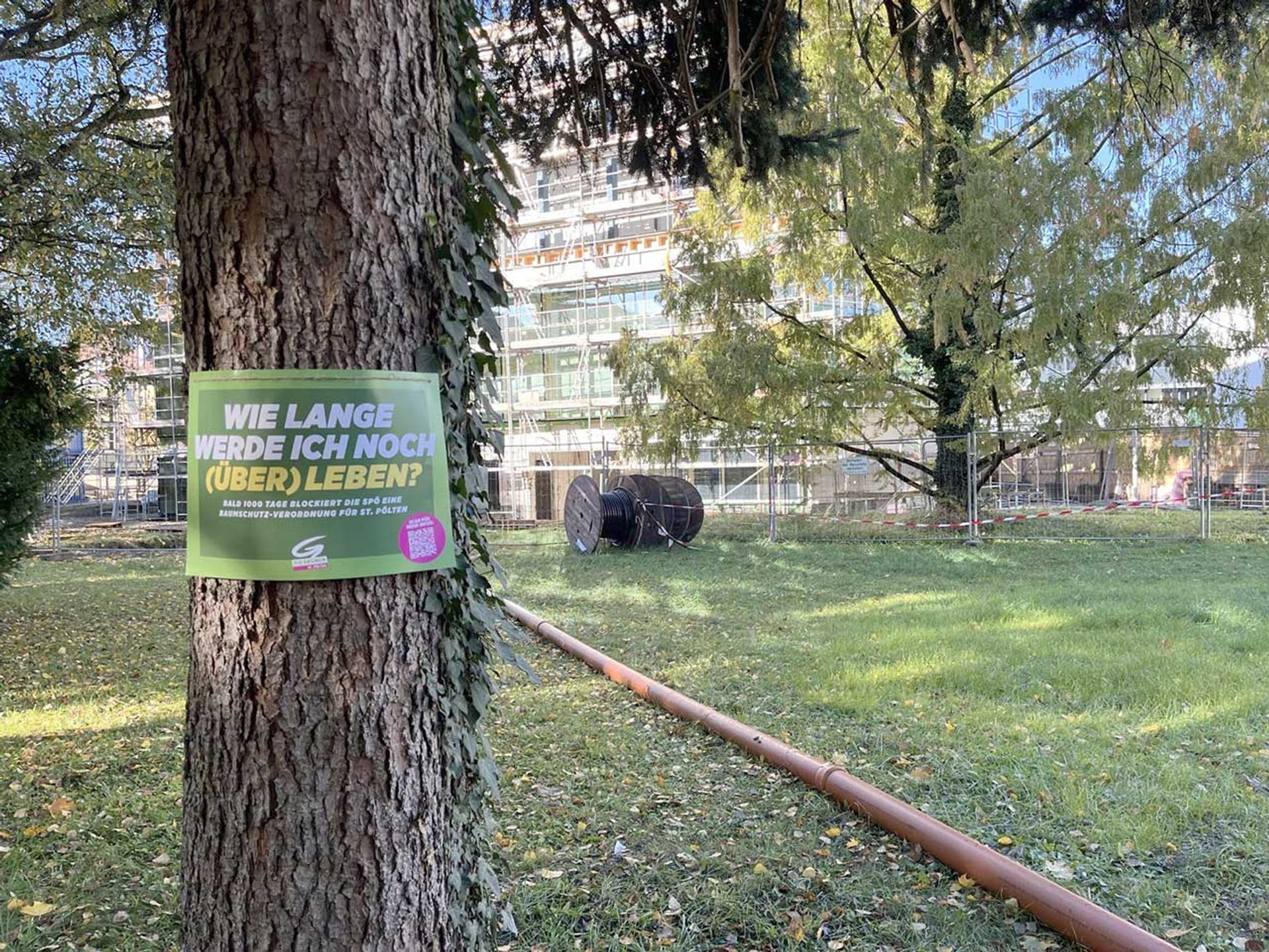 Baumschutz-Verordnung-St.Poelten: Schild auf Baum 'Wie lange werde ich noch überleben?