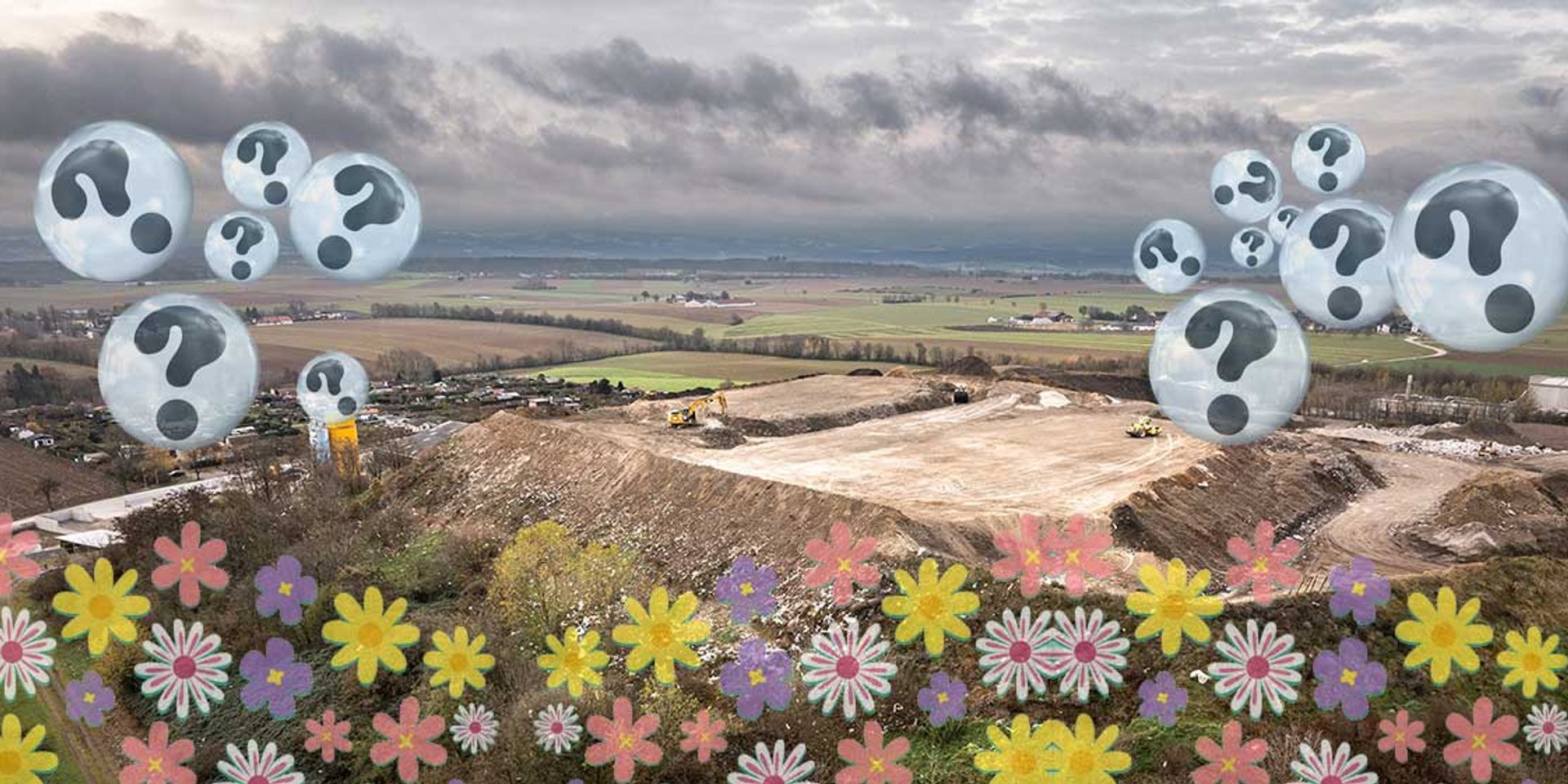 Über der St. Pöltner Mülldeponie schweben stlisierte Blümchen und darüber Fragezeichen. Foto Mülldeponie © Greenpeace
