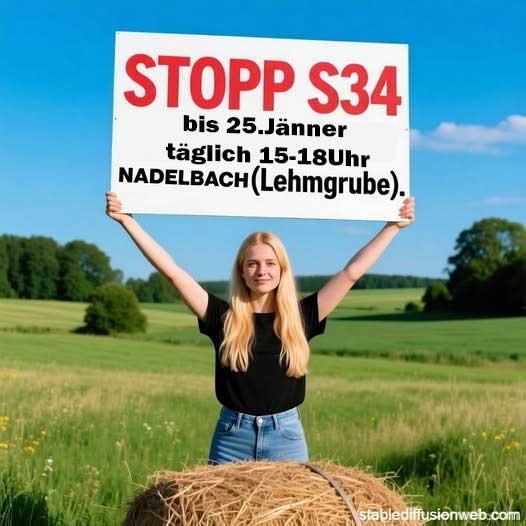 Junge Frau auf einem Heuhaufen auf einer Weidefläche hält Schild mit Terminankündigung hoch