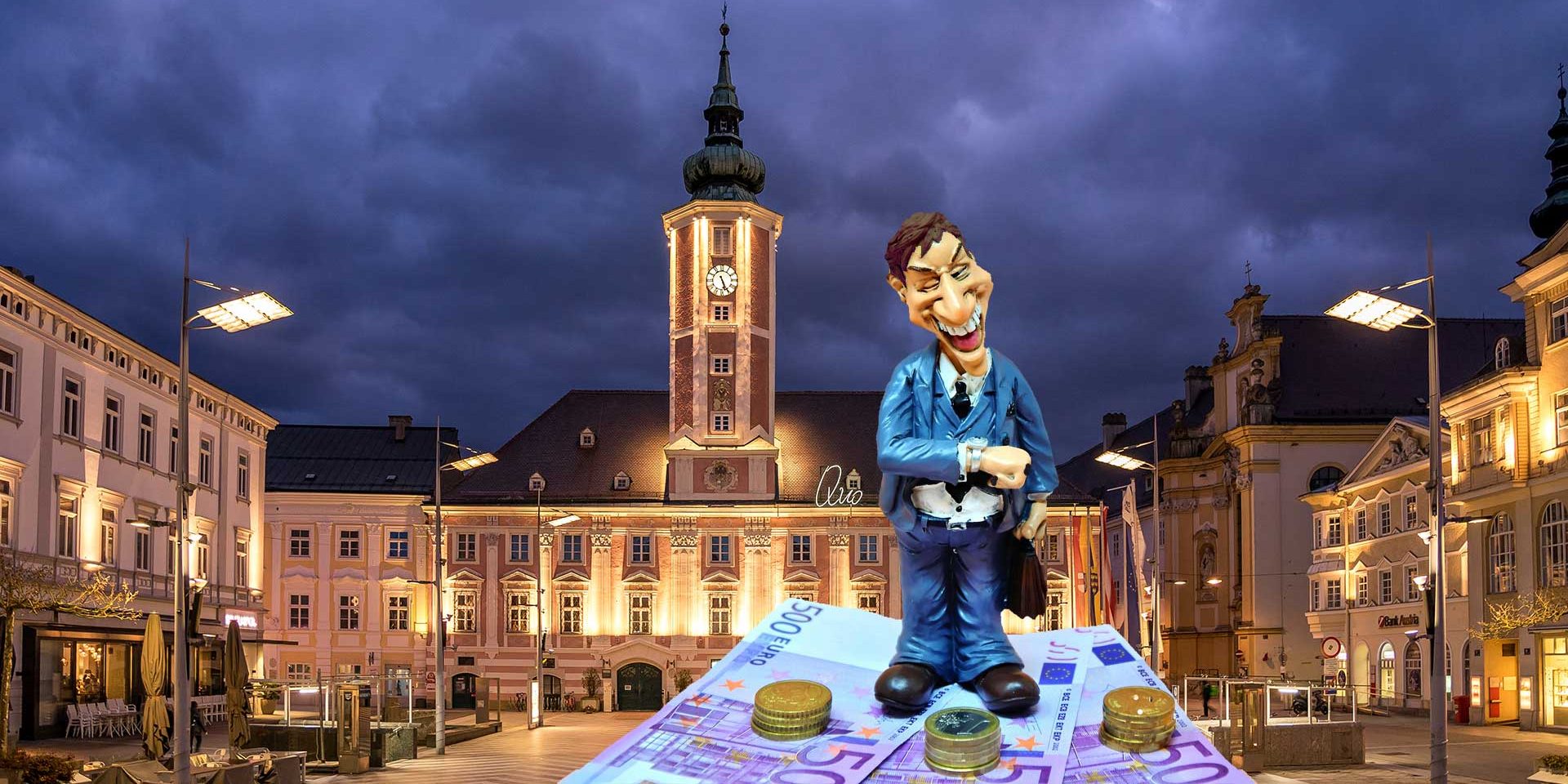 Comicfigur (Politiker) steht auf Geldscheinen vor Rathaus St. Pölten (Fotomontage)