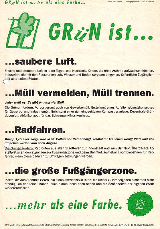 Flugblatt der Grünen St. Pölten 1991 Voderseite