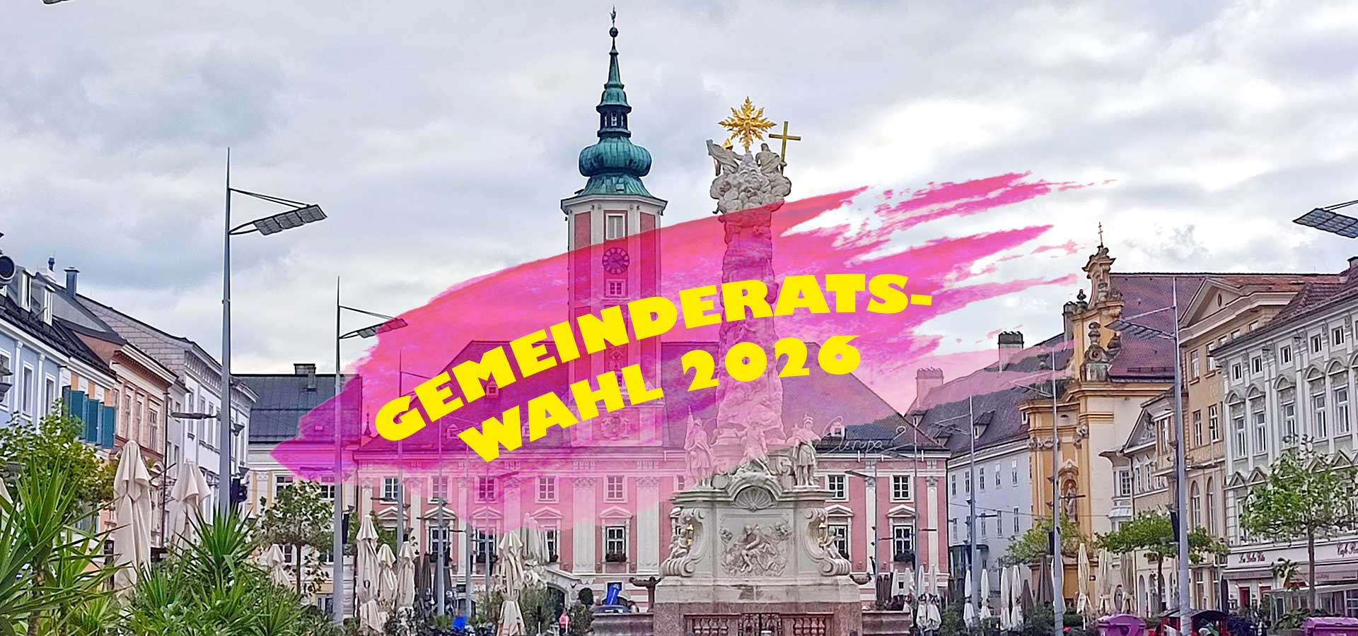 Schriftzug Gemeinderatswahl 2026 über Bild vom St. Pöltner Hauptplatz