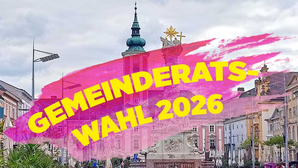 Schriftzug Gemeinderatswahl 2026 über Bild vom St. Pöltner Hauptplatz
