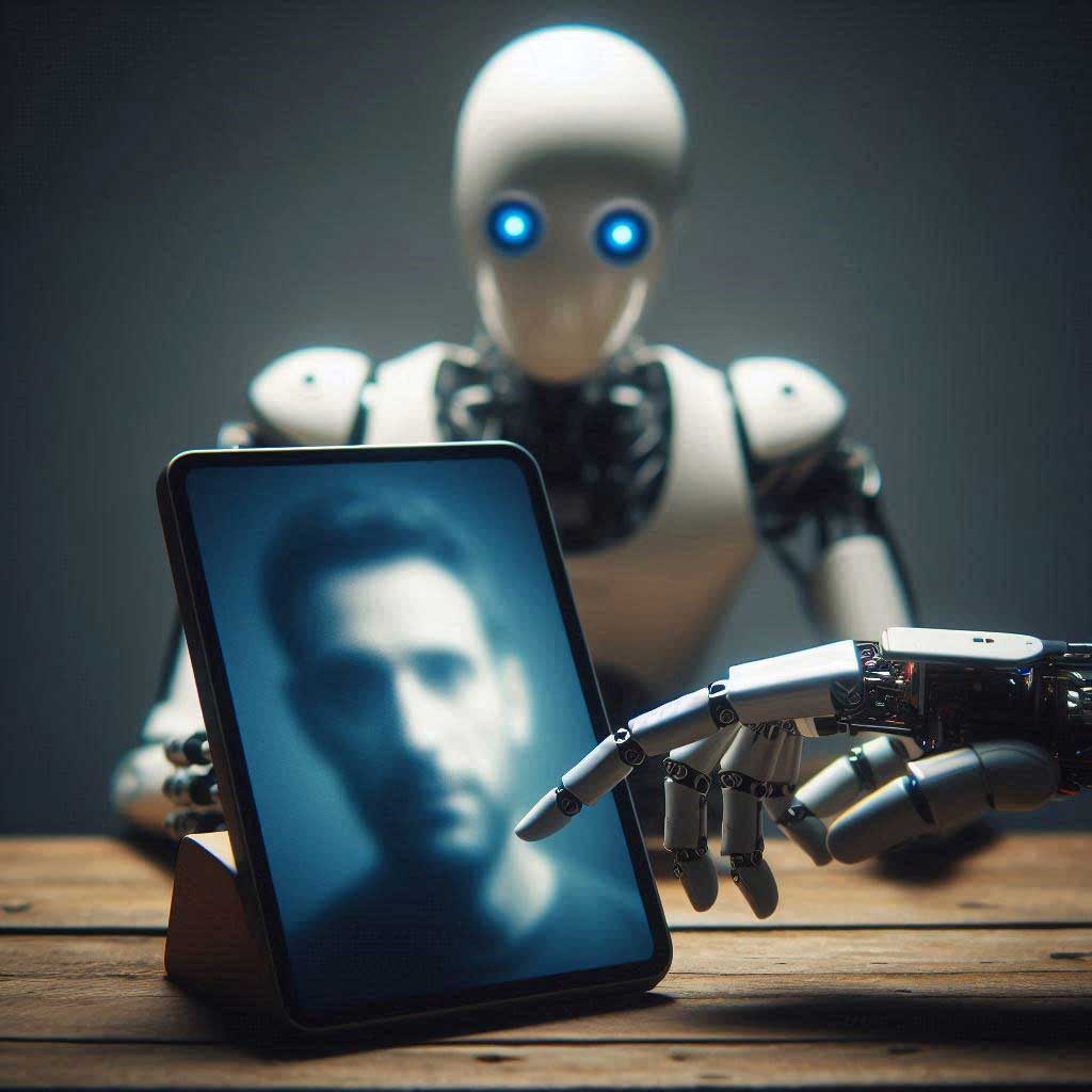 Roboterhand berührt menschliches Bild auf Bildschirm