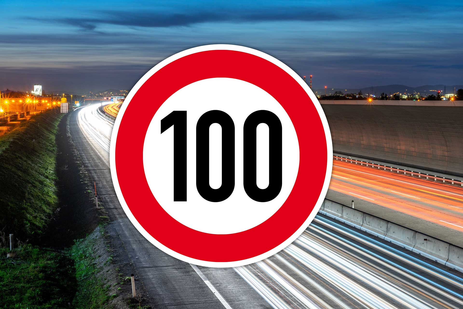 Neue Petition für Tempolimits: Tempo 100-Verkehrsschild vor einer abendlichen Autobahnstimmung mit verwischten Lichtspuren auf beiden Fahrspuren