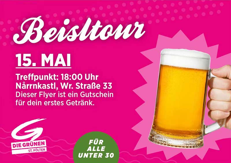 Einladungsflyer Grüne Beisltour mit Datum und Ortsangabe