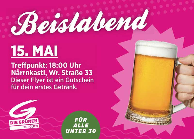 Einladungsflyer Grüner Beislabend mit Datum und Ortsangabe