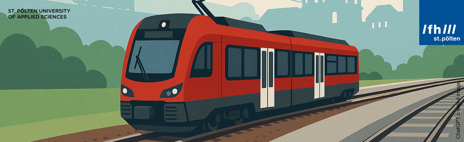 Illustration eines modernen Straßenbanh-Zuges, der durch eine grüne Landschaft fährt; im Hintergrund stilisierte Gebäude sowie Logos der FH St. Pölten.