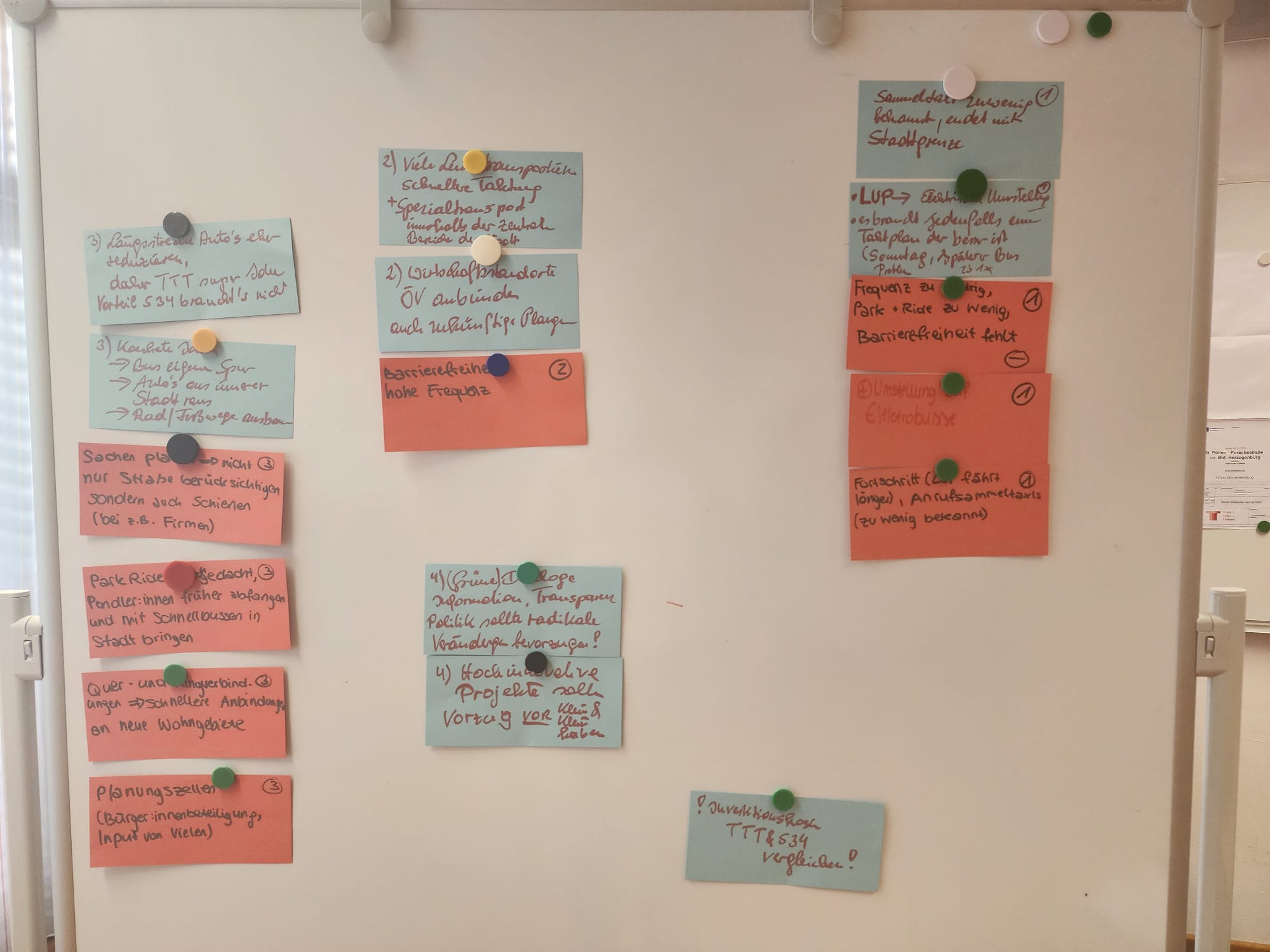 Eine Pinnwand mit zahlreichen handschriftlichen Moderationskarten aus der Diskussion einer Dialogveranstaltung zum öffentlichen Verkehr in St. Pölten. Die Karten sind in mehreren Gruppen angeordnet und mit Magneten befestigt. Darauf stehen gesammelte Ideen, Kritikpunkte und Vorschläge, etwa zu besseren ÖV-Anbindungen, höherer Frequenz, Barrierefreiheit, schnelleren Verbindungen, Park-and-Ride, Elektrobussen, Bürger:innenbeteiligung und dem Vergleich verschiedener Verkehrssysteme. Die Karten dokumentieren die Ergebnisse und Anregungen, die im Laufe des Abends von den Teilnehmenden eingebracht wurden.