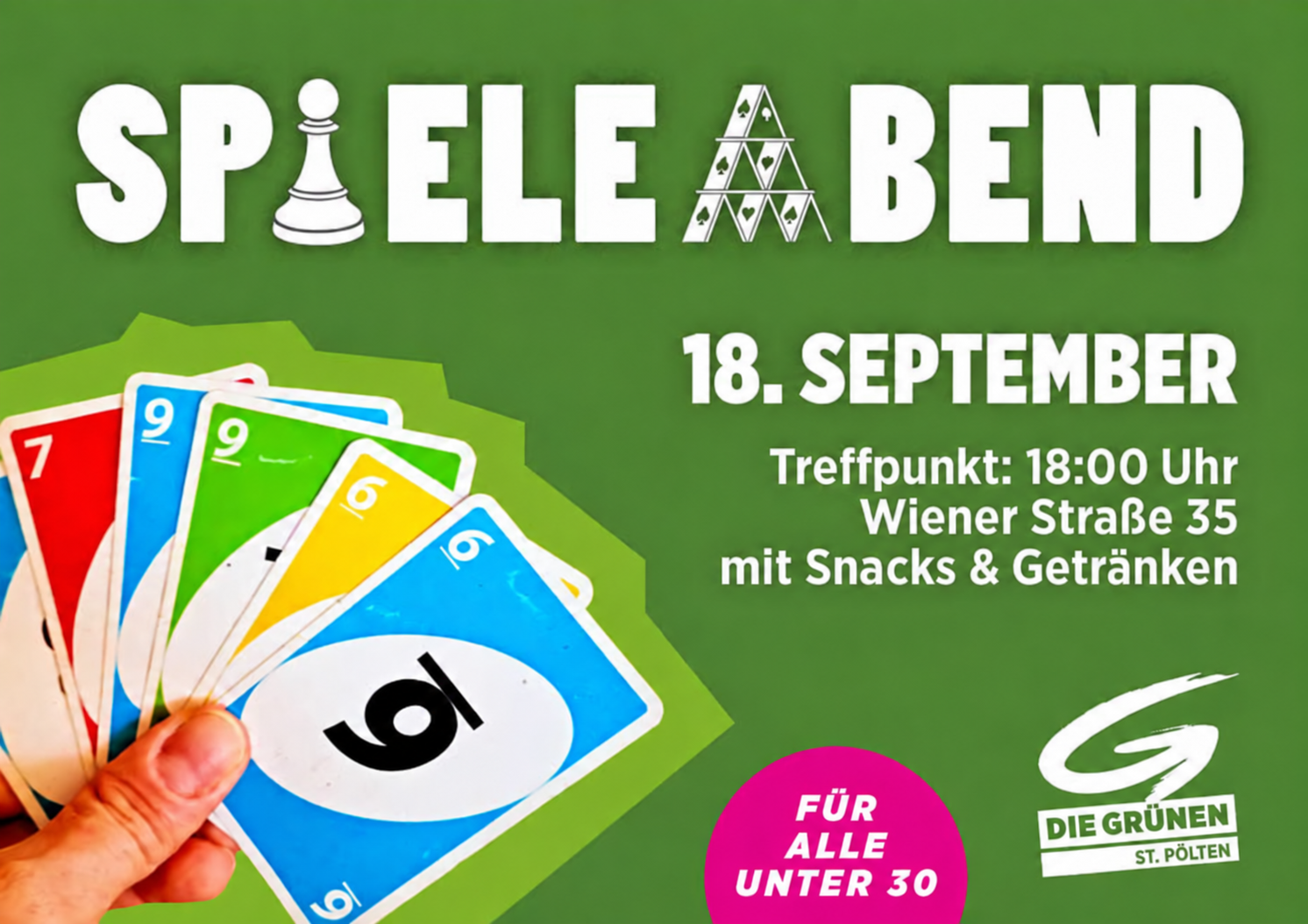 GruenerSpieleabend_18.9. Einladungsflyer Grüner Spieleabend mit Datum und Ortsangabe